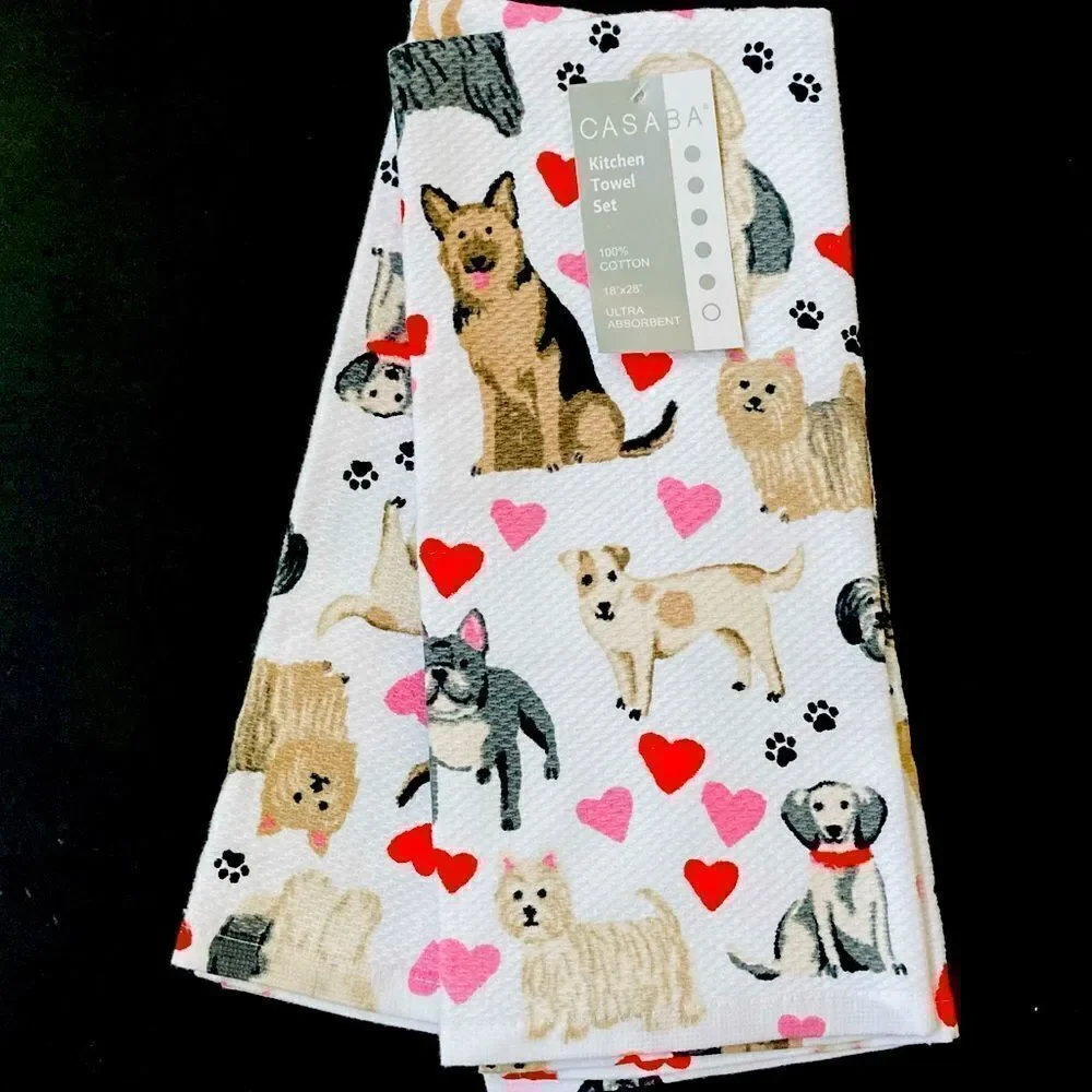 NWT Valentine Dogs & Hearts Kitchen Dish Towels Casaba